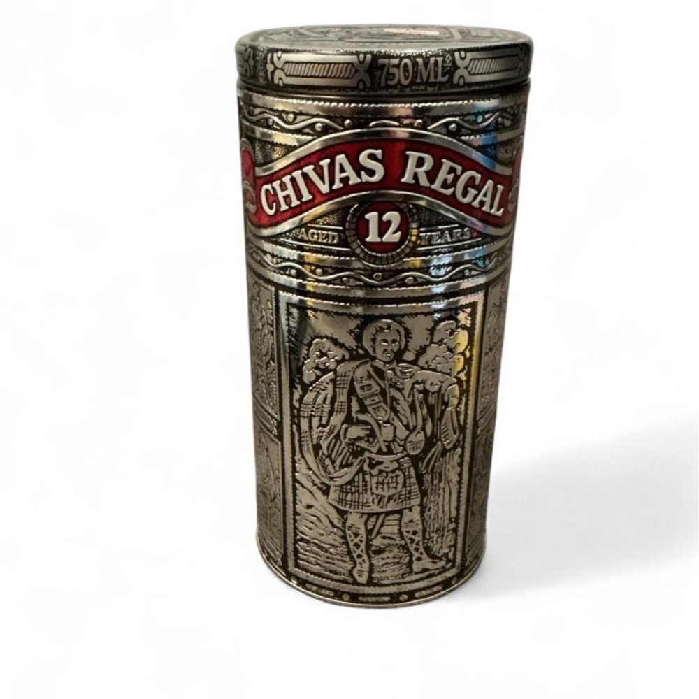 VTG Chivas Regal 12 Year Whisky Tin Canister Silver 750ml Empty Embossed Vintage